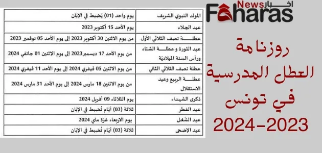 صورة رزنامة وتقويم العطل المدرسية في تونس لعام 2023-2024.