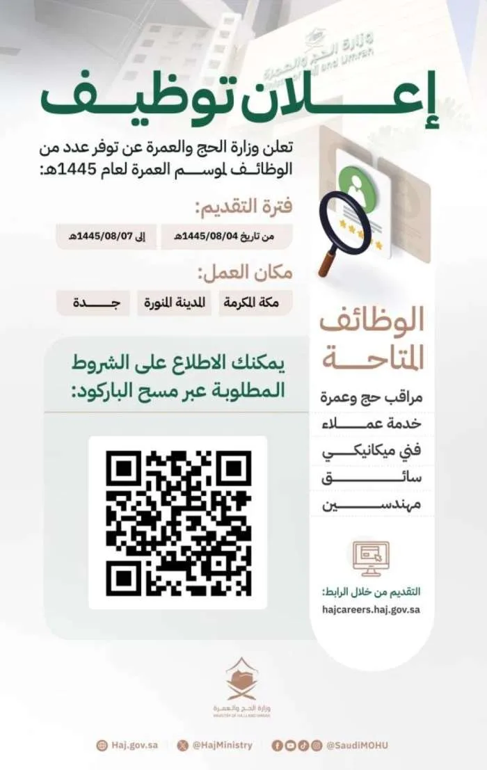 التخصصات المطلوبة لوظائف موسم العمرة 1445