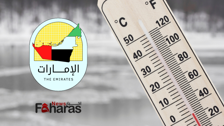 طقس الإمارات العربية المتحدة 8 مارس 2024 حتى 10 مارس وخلفية رمادية مع جهاز قياس حرارة الجو